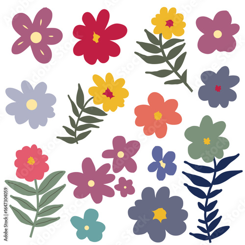 Collection of whimsical hand drawn flowers and greenery in vibrant colors.style for banners, wallpaper, posters, websites, online shopping.