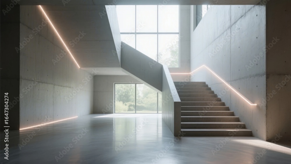 Obraz premium Modern Interior with Staircase and Large Windows