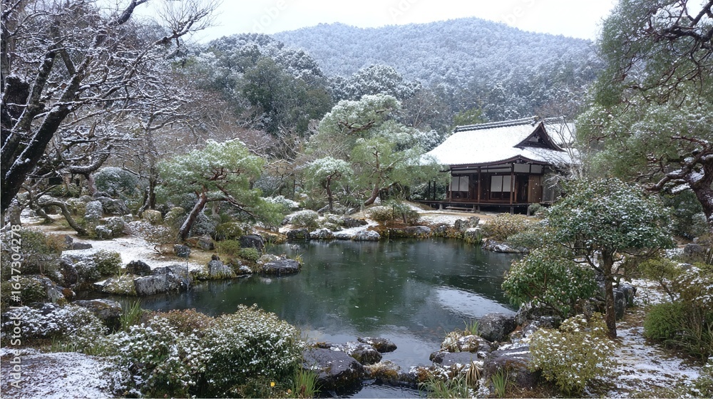 Obraz premium 雪化粧の京都の寺院庭園、静寂な冬の情景
