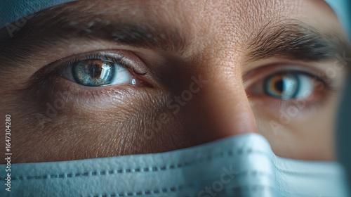 Close-up of male healthcare worker's eyes, focused and determined behind a surgical mask.