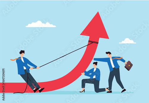Flat illustration of businessman pull and business people team help push arrow graph upward teamwork or collaboration to growth improvement growing company