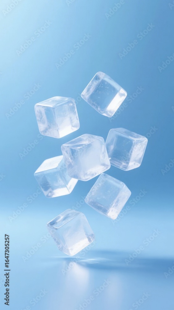 Ice cubes suspended in mid-air against a soft blue background Ice cubes suspended in mid-air against a soft blue background
