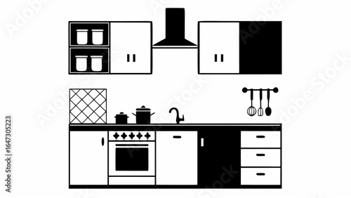 Illustration of a kitchen interior with cabinets, stove, sink, and utensils in a minimalist style |  editable eps vectors silhouette