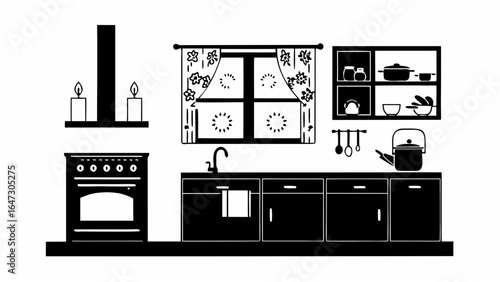 Illustration of a kitchen interior with stove, window, cabinets and various kitchenware items displayed |  editable eps vectors silhouette