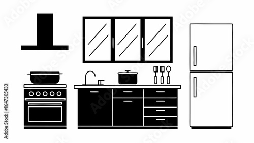 Illustration of a kitchen interior with appliances and cabinets in black and white style design layout |  editable eps vectors silhouette