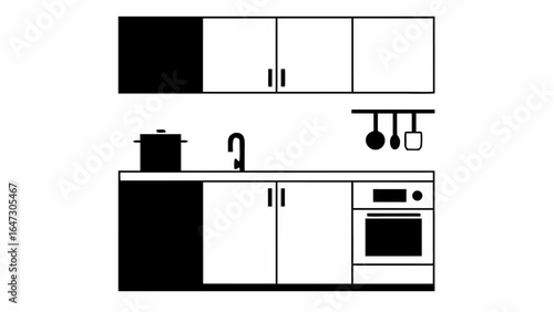 Illustration of a kitchen interior with cabinets sink oven and hanging utensils in black and white style |  editable eps vectors silhouette