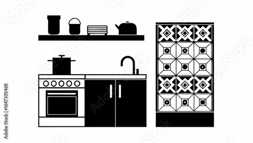 Illustration of a kitchen interior with a stove sink cabinets shelf and decorative tiled element design |  editable eps vectors silhouette