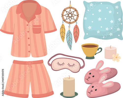 Cute set for pajama party isolated on white. Pajama, sleep mask, cup, dream catcher, candle, pillow, slippers