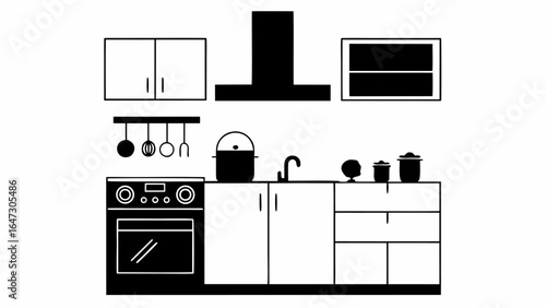 Illustration of a kitchen interior with cabinets, oven, sink, and various cooking utensils and appliances |  editable eps vectors silhouette
