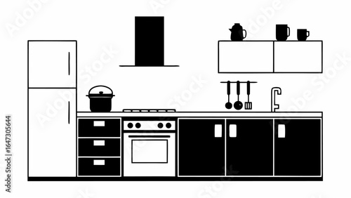 Illustration of a kitchen interior with cabinets refrigerator and cooking utensils in monochrome style |  editable eps vectors silhouette