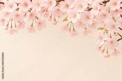 Spring cherry blossom branches with soft pink flowers on pastel background, floral nature frame
