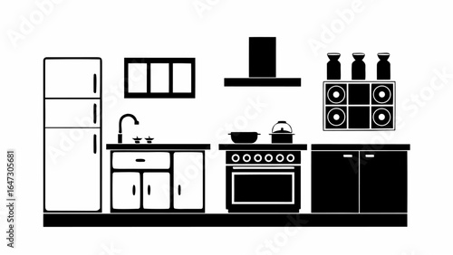 Illustration of a kitchen interior with appliances including a refrigerator stove and sink in black and white |  editable eps vectors silhouette