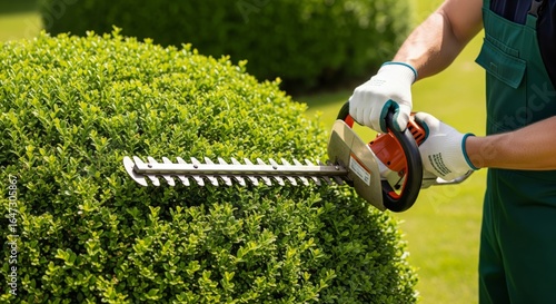 Gardener trimming lush green hedge with electric hedge trimmer outdoors
