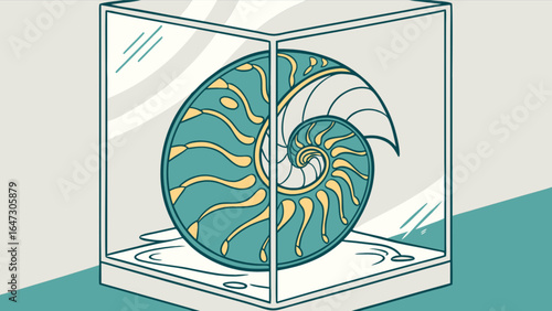 Nautilus shell in museum display case illustration for science education and marine biology study