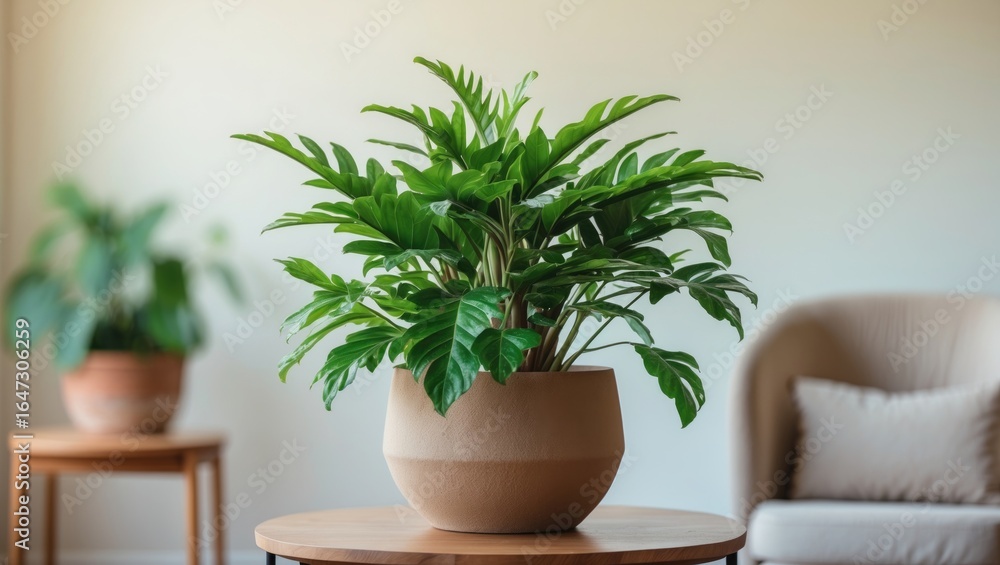 Fototapeta premium A potted plant in a beige bowl on a wooden table with a blurred background of another plant and a cozy chair.