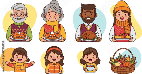 Illustration of diverse people holding Thanksgiving food and a basket of vegetables in a colorful flat lay composition with warm tones.