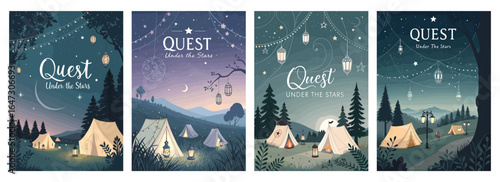 A charming illustrated series titled 'Quest Under the Stars' featuring cozy tents and starry night skies.