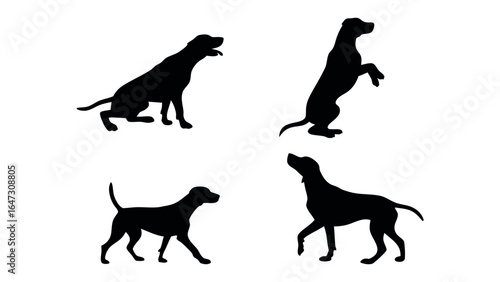 Silhouette of dogs in different poses standing sitting and walking isolated on white
