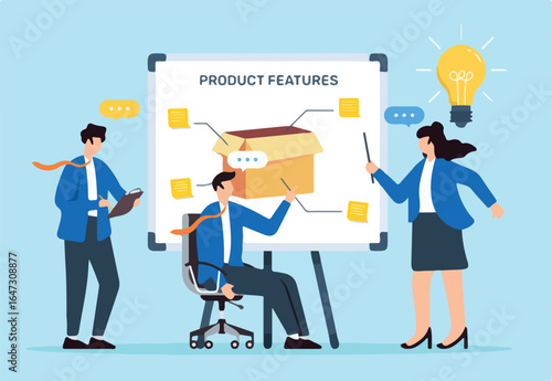 Vector illustration of colleagues brainstorming product features on whiteboard with sticky notes innovative design