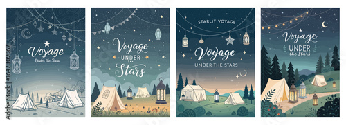 Charming illustrations of camping scenes under starry skies with lanterns and tents, evoking adventure and tranquility.