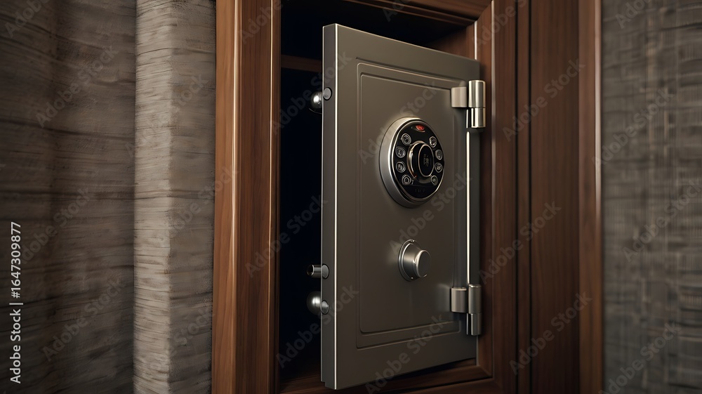 Fototapeta premium A partially opened safe with a digital lock mounted in a wooden frame against a stone wall backdrop