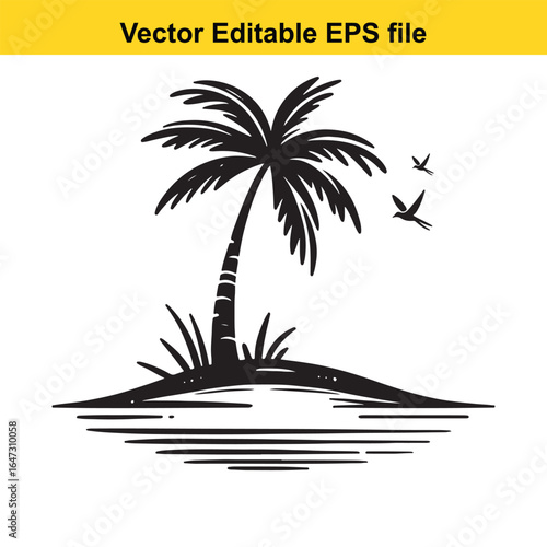 Island, beach, palm single palm tree on a tropical island with birds flying, isolated on white background