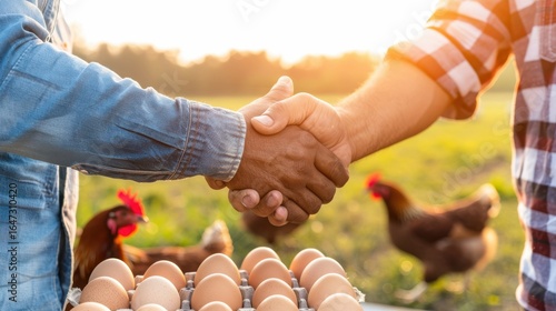 Farmers Handshaking Over Fresh Eggs on a Poultry Farm at Sunset