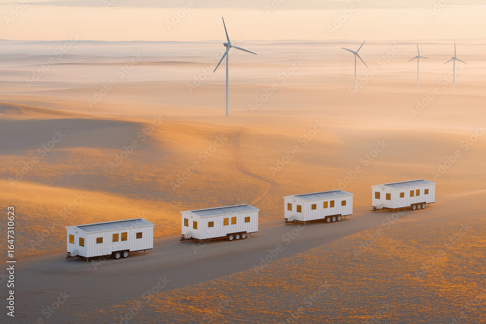 Obraz premium Group of off-grid tiny houses on dry open land with windmills in background