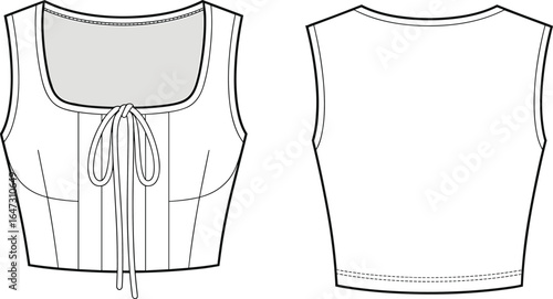 Women sleeveless crop top with square neckline and front tie detail, fitted bodice summer fashion garment, minimal design, technical flat sketch, CAD vector illustration