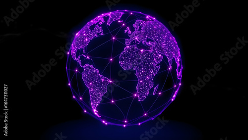 An illuminated digital representation of planet earth, glowing purple