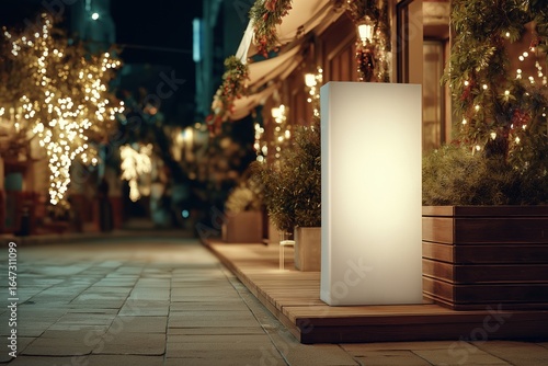 Blank vertical banner mockup standing next to boutique entrance decorated with soft Christmas lights, advertising copy space