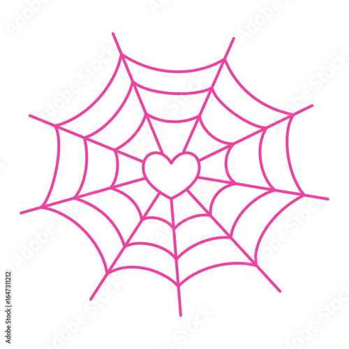 Pink spider web with heart in the middle. Editable stroke. Halloween theme for banner, icon or party decoration. Outline heart shaped doodle drawing. Vector illustration isolated on white background.