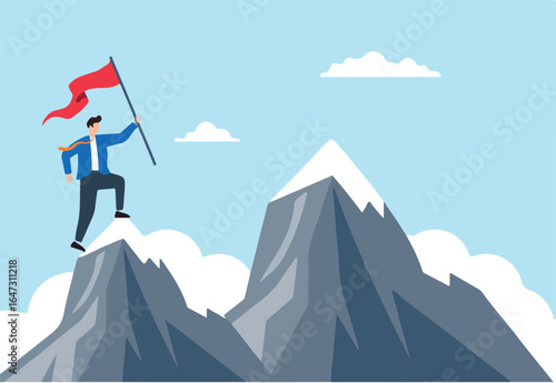 Flat illustration of motivated businessman reach mountain peak aiming for greater career success