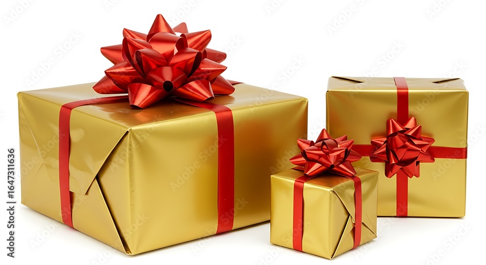 Fototapeta premium Three gold gift boxes with red ribbons and bows, varying in size, arranged on a white background.