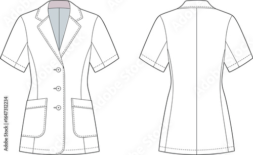 Women blazer short sleeve with notched lapel collar, three button front closure and patch pockets, tailored longline jacket, technical flat sketch, CAD vector illustration