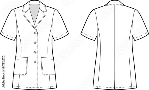 Women short sleeve blazer with notched lapel collar, four button closure and patch pockets, tailored longline jacket, professional office wear, technical flat sketch, CAD vector illustration