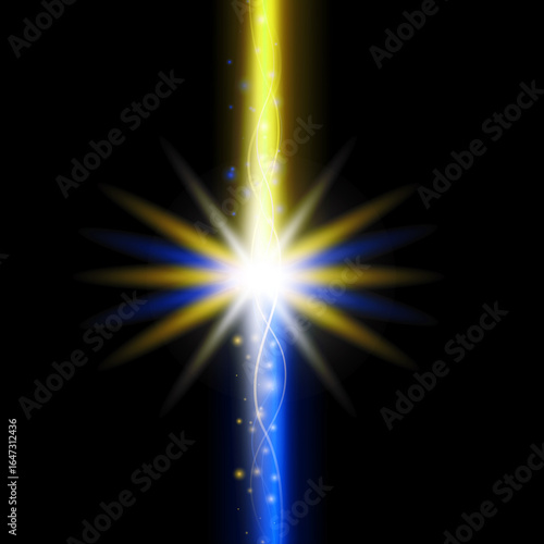 Square abstract image of a yellow-blue light wave with bright glowing rays radiating like sparkles on a black background. Energetic, high-tech, and futuristic visual design.