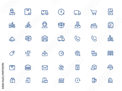 Editable delivery icon set featuring courier, parcel, food delivery, shipping, shopping cart, logistics, smartphone orders, catering, warehouse, scooter, bike, and operator management and more.