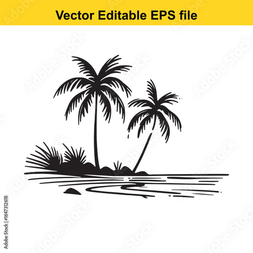 Island, beach, palm two palm trees on a tropical beach, isolated on white background