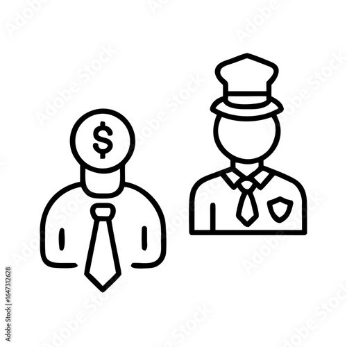 Businessman with dollar sign and police officer, contrasting figures.

