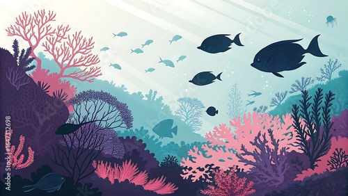Colorful underwater coral reef illustration with tropical fish silhouettes. Serene marine life background with ocean light rays.