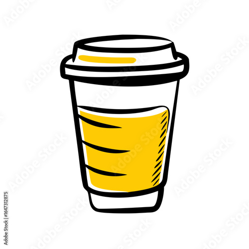 A disposable coffee cup, yellow and white.
