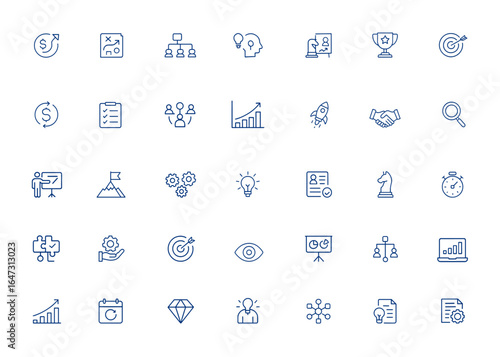 Business strategy and project management icons with editable stroke, marketing vector illustration, workflow planning, analytics, teamwork, growth, development, organization and more.