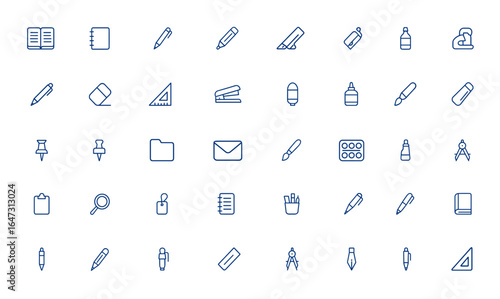 Editable stroke stationery icon collection featuring pen, notebook, school supplies, workspace essentials, writing tools, painting elements, vector illustration, office, study, creativity and more.