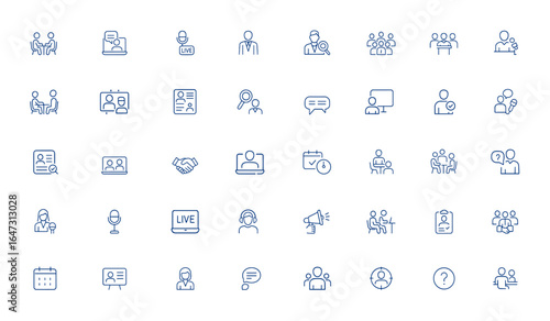 Job and Communication Icons — Editable Stroke Interview and Media Vector Illustration for Recruitment, Employment, Broadcasting, Teamwork, Candidate, Hiring, Presentation and more.