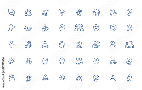 Editable stroke vector illustration of essential soft skills icons featuring teamwork, communication, leadership, creativity, adaptability, collaboration, personal growth and more.