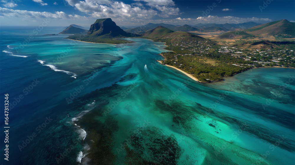 Fototapeta premium Widok z lotu ptaka na tropikalną wyspę (Mauritus) z krystalicznie czystą, turkusową wodą, białymi plażami i bujną zielenią dżungli, rajski krajobraz.