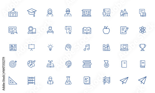 Editable stroke education icon vector illustration with school, study, student, teacher, university, lesson, book, classroom, diploma, notebook, learning, science, library, lecture, creative and more.