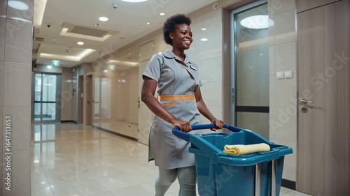 positive african american woman housekeeper pushing cart with cleaning supplies in hotel corridor