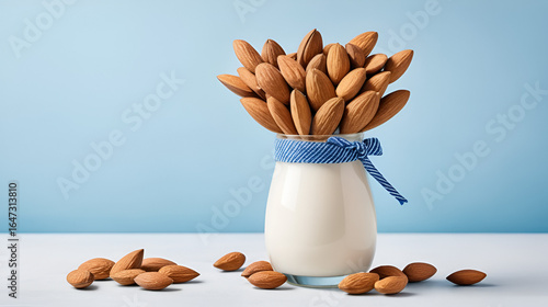 Plantation almond milk vase decorated with natural almonds on a white background with a blue border